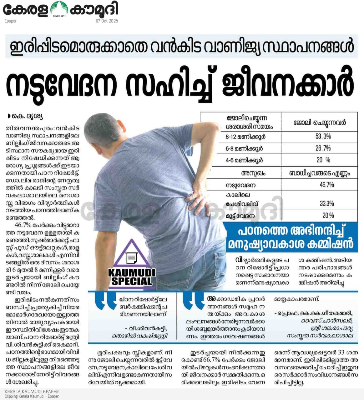 Study on Workplace Seating and Employee Health Featured in Malayalam Daily